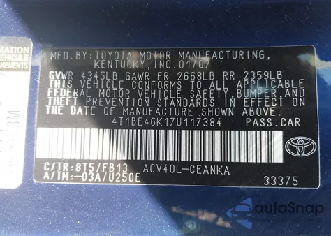 2007 Toyota Camry Le из США, поврежденный, VIN 4T1BE46K17U117384